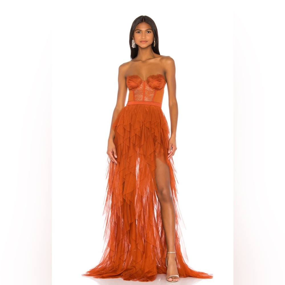 🔥 For Love & Lemons x Revolve Bustier Gown – Rust | Size Small 🔥